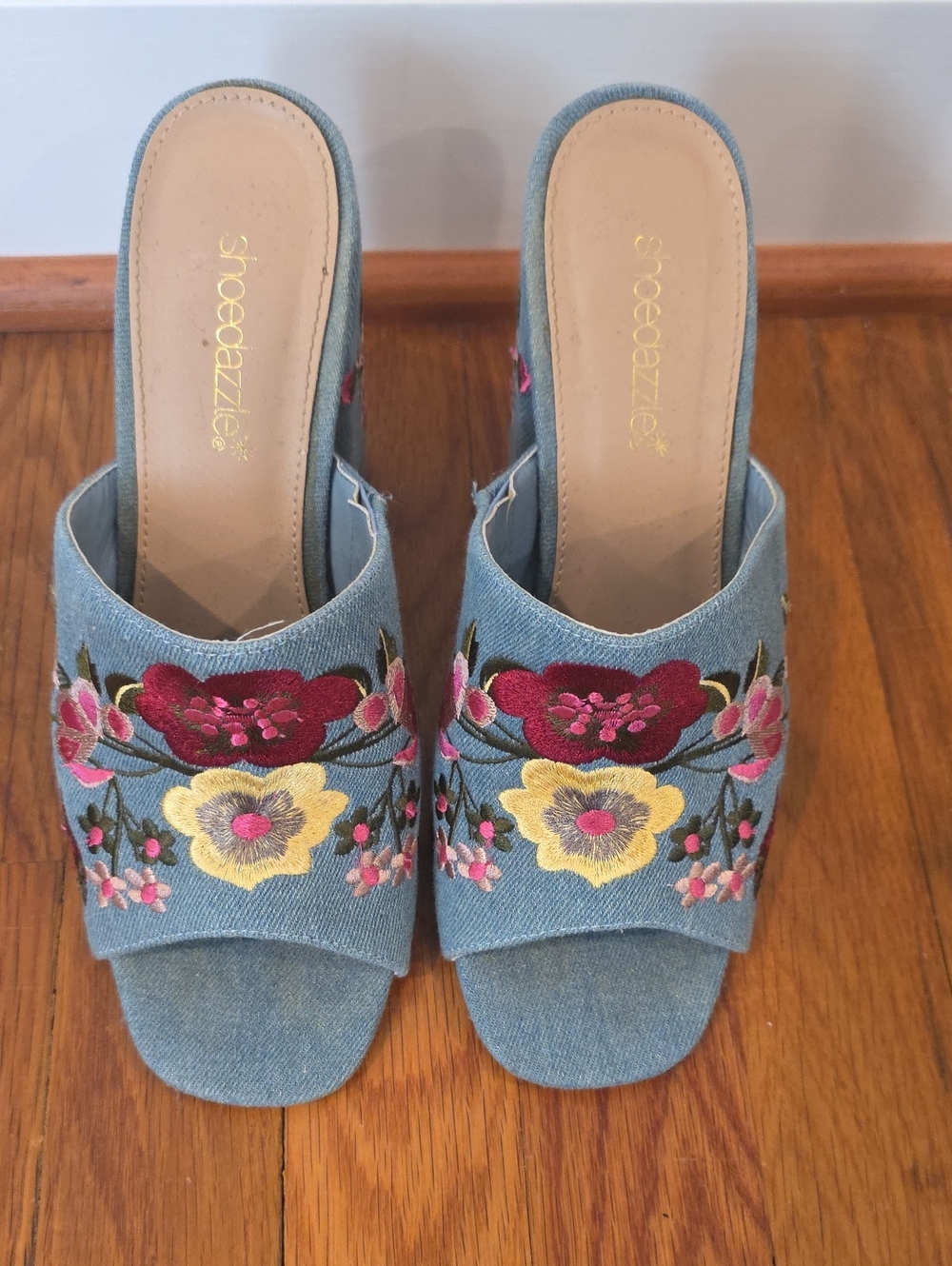 Shoe Dazzle Denim Embroidered Floral Slide Mules - Blue, Pink, Yellow